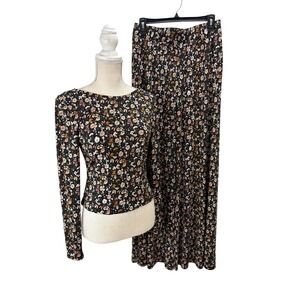 Gilli Blooming Emotions Black Floral 2 Pc Set Med Wide Leg Drapey High Rise New